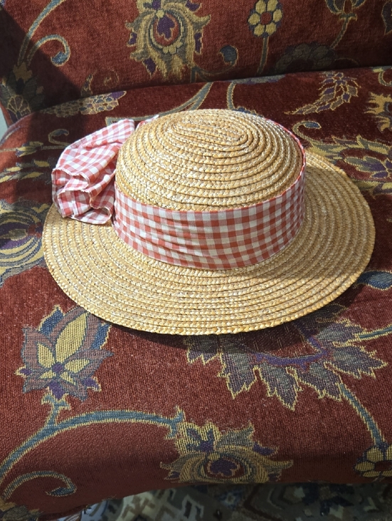 Source Unknown Accessories - Source Unknown Straw Boater Hat with Pink Gingham Band Vintage